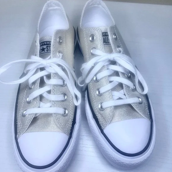 Converse Women's All Star Ox Lift Gold/Cream Sparkling Canvas Platform Sneakers - Picture 7 of 16